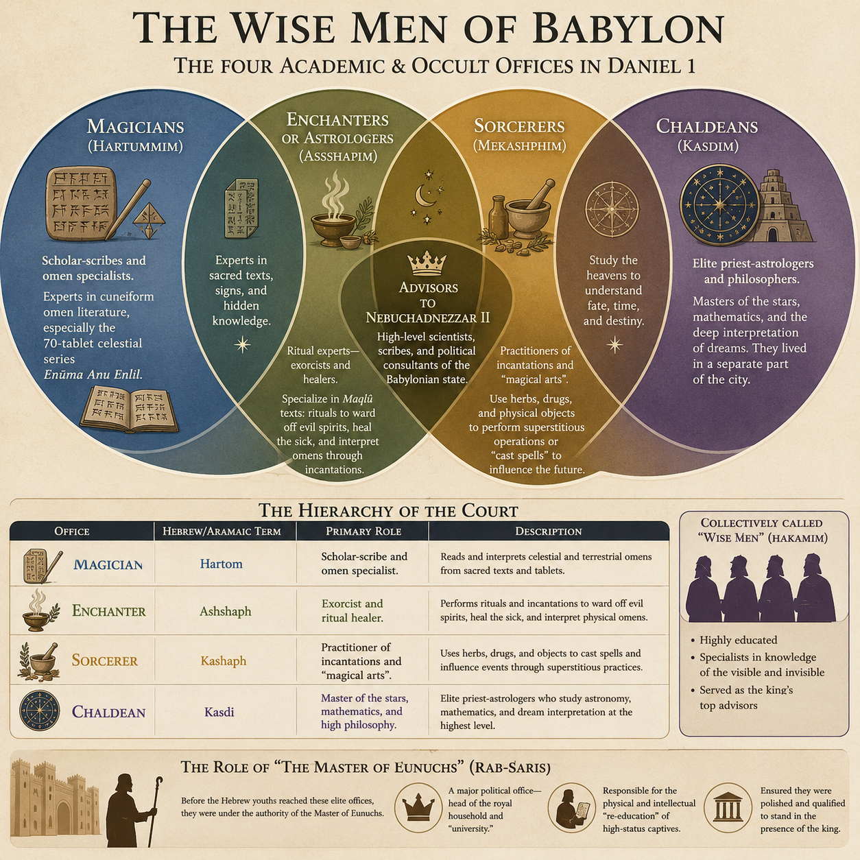 The Wise Men of Babylon — a diagram of the four academic and occult offices of Nebuchadnezzar's court and their overlapping authority